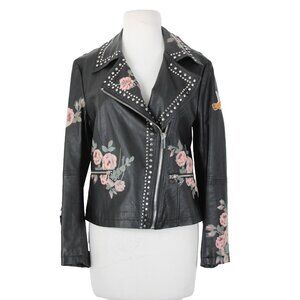 Bagatelle Sz S Black Pink Floral Stud Zipper Pockets Faux Leather Poly Jacket